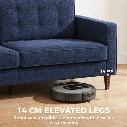 3 Seater Sofa, Velvet-Feel Fabric Upholstered Small Couch for Bedroom, Modern Sofa Settee with Padded Cushion, Button Tufting and Wood Legs for Living Room, Dark Blue