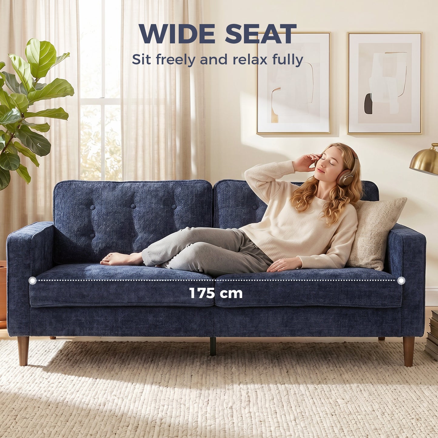 3 Seater Sofa, Upholstered Small Couch for Bedroom, Modern Futon Sofa Settee with Padded Cushion, Button Tufting and Wood Legs for Living Room, Dark Blue