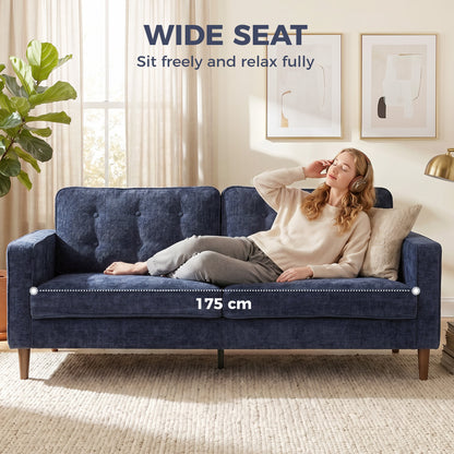 3 Seater Sofa, Velvet-Feel Fabric Upholstered Small Couch for Bedroom, Modern Sofa Settee with Padded Cushion, Button Tufting and Wood Legs for Living Room, Dark Blue