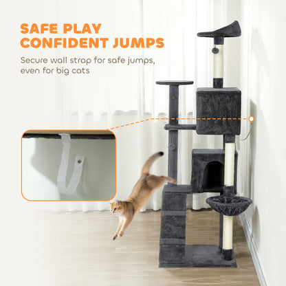 180cm Cat Tree Tower with Sisal Scratching Posts, Condos, Dark Grey
