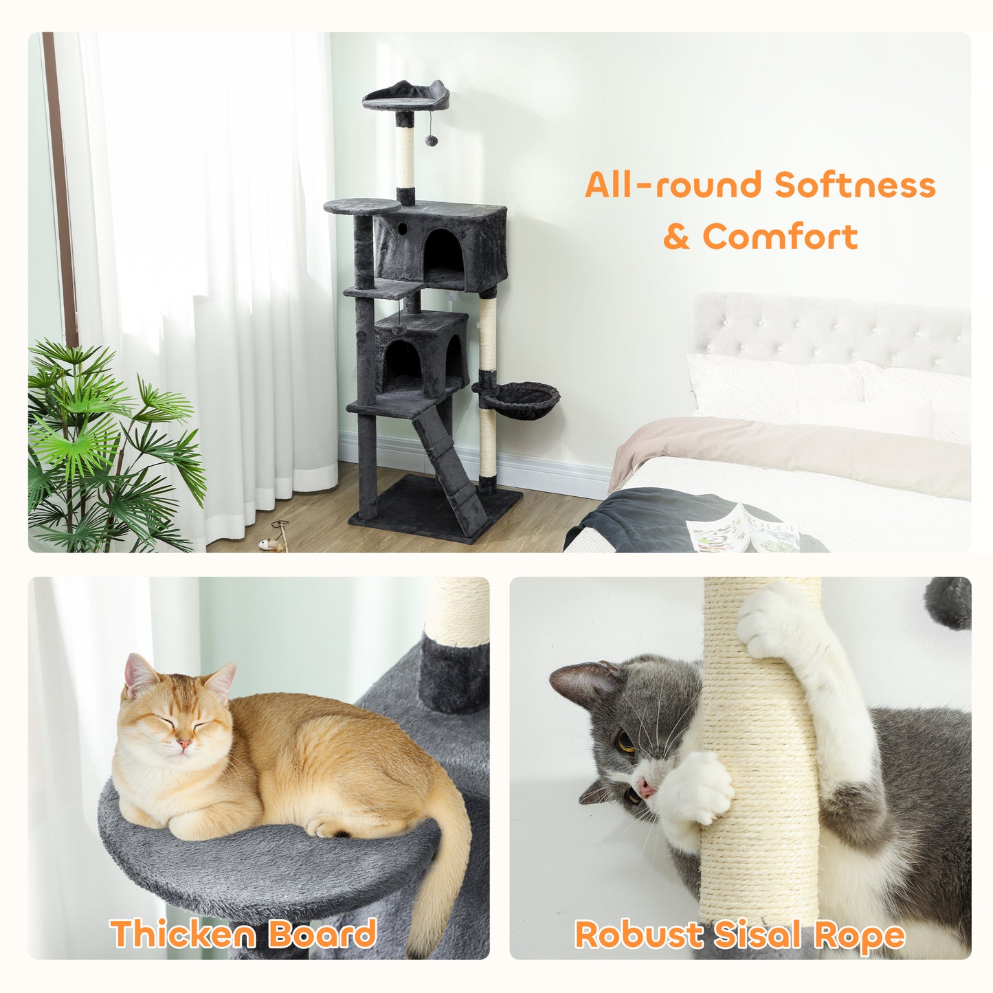 180cm Cat Tree Tower with Sisal Scratching Posts, Condos, Dark Grey