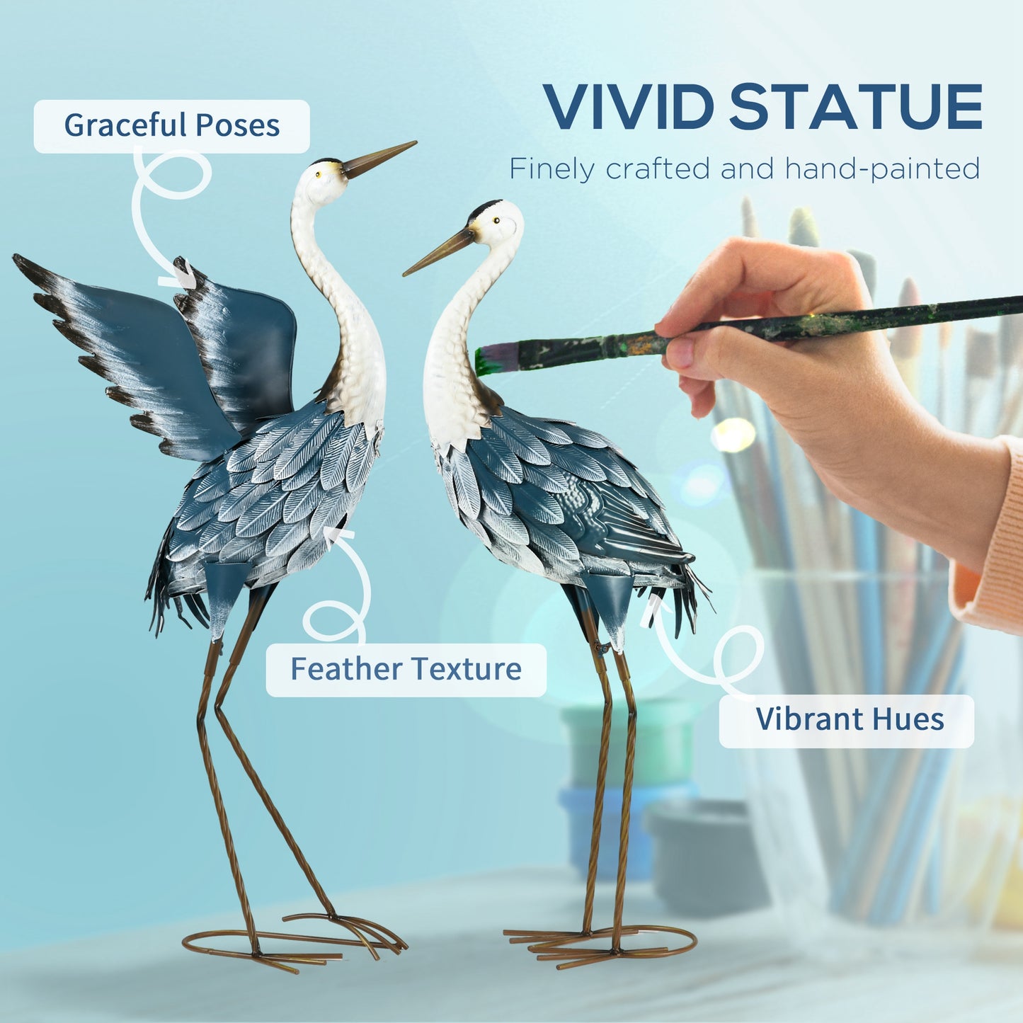 Heron Garden Statues, Metal Garden Gift with Stakes, Blue & White