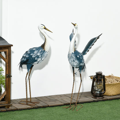 Heron Garden Statues, Metal Garden Gift with Stakes, Blue & White