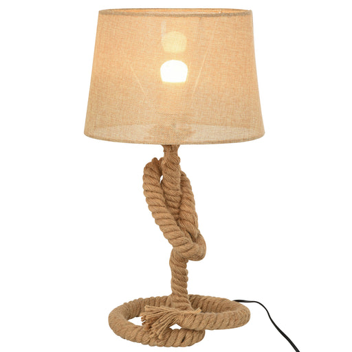 Nautical Style Rope-Base Table Lamp w/ Fabric Lampshade Metal Frame Power Switch Unique Lighting Furnishing Bedroom Living Room Study Beige