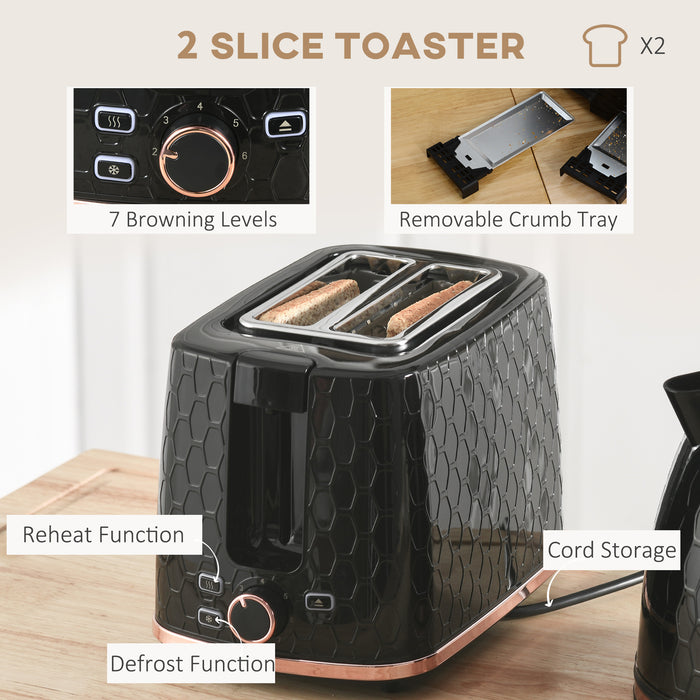 1.7L 3000W Fast Boil Kettle & 2 Slice Toaster Set, Kettle and Toaster Set with Auto Shut Off, Browning Controls, Black
