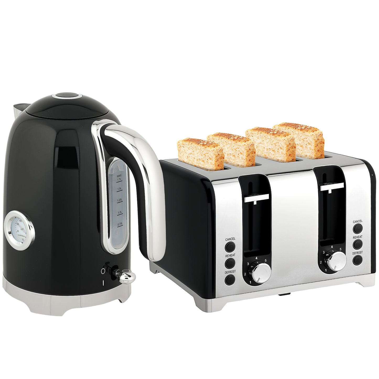 3000W 1.7L Kettle with Retro Thermometer, 4 Slice Toaster Set, Black