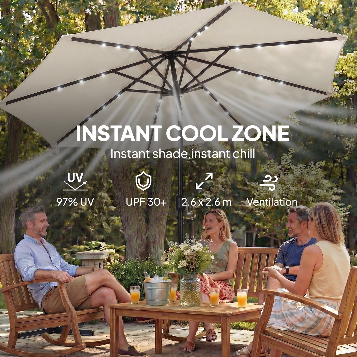 2.6 m Garden Parasol Umbrella with Light, Outdoor Patio Umbrella