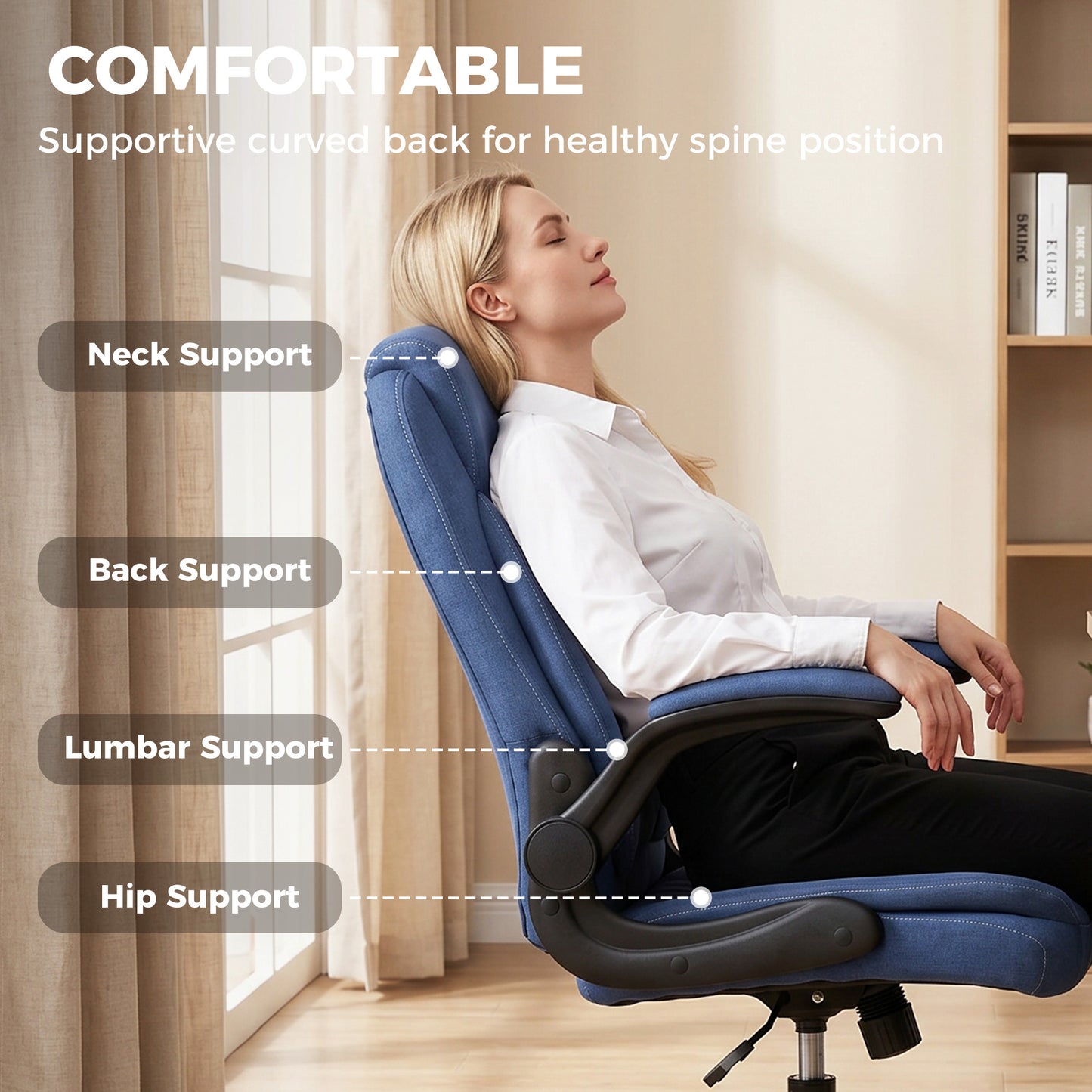 Linen-Look Computer Desk Chair with Thick Cushion, Blue