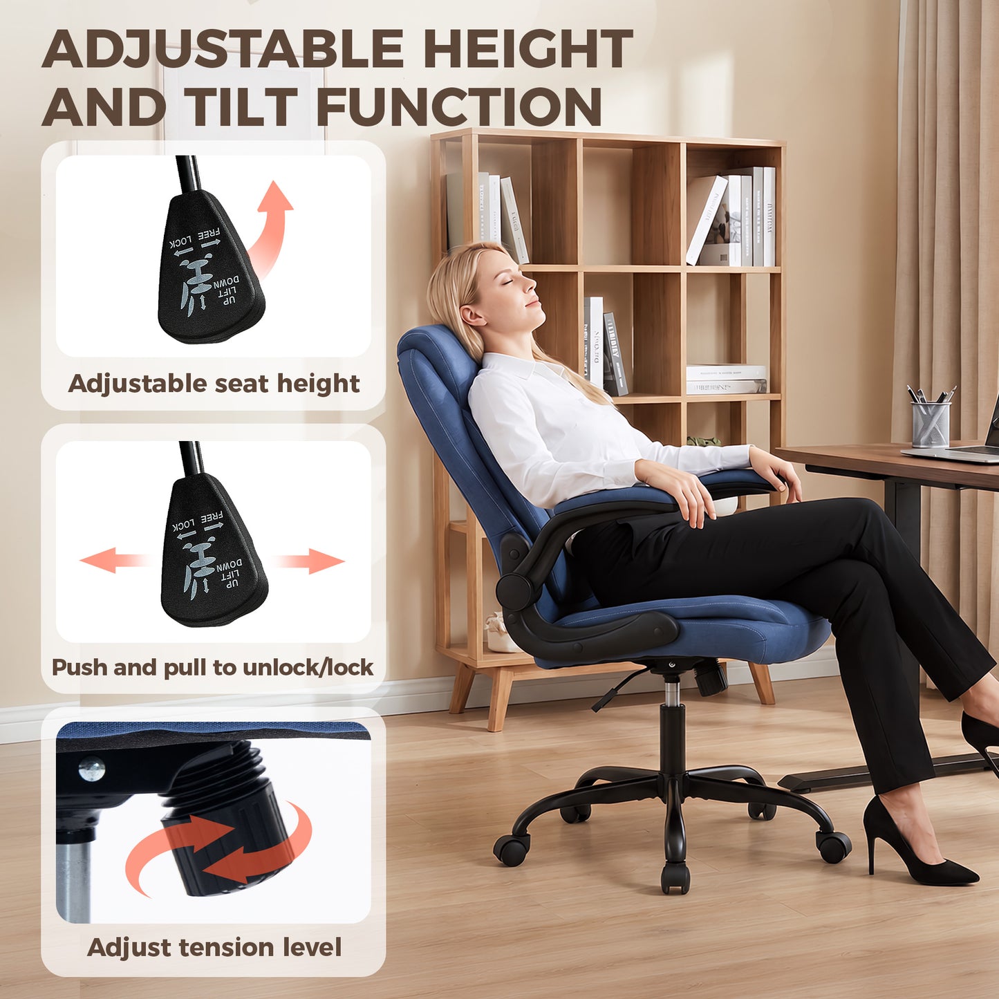 Linen-Look Computer Desk Chair with Thick Cushion, Blue