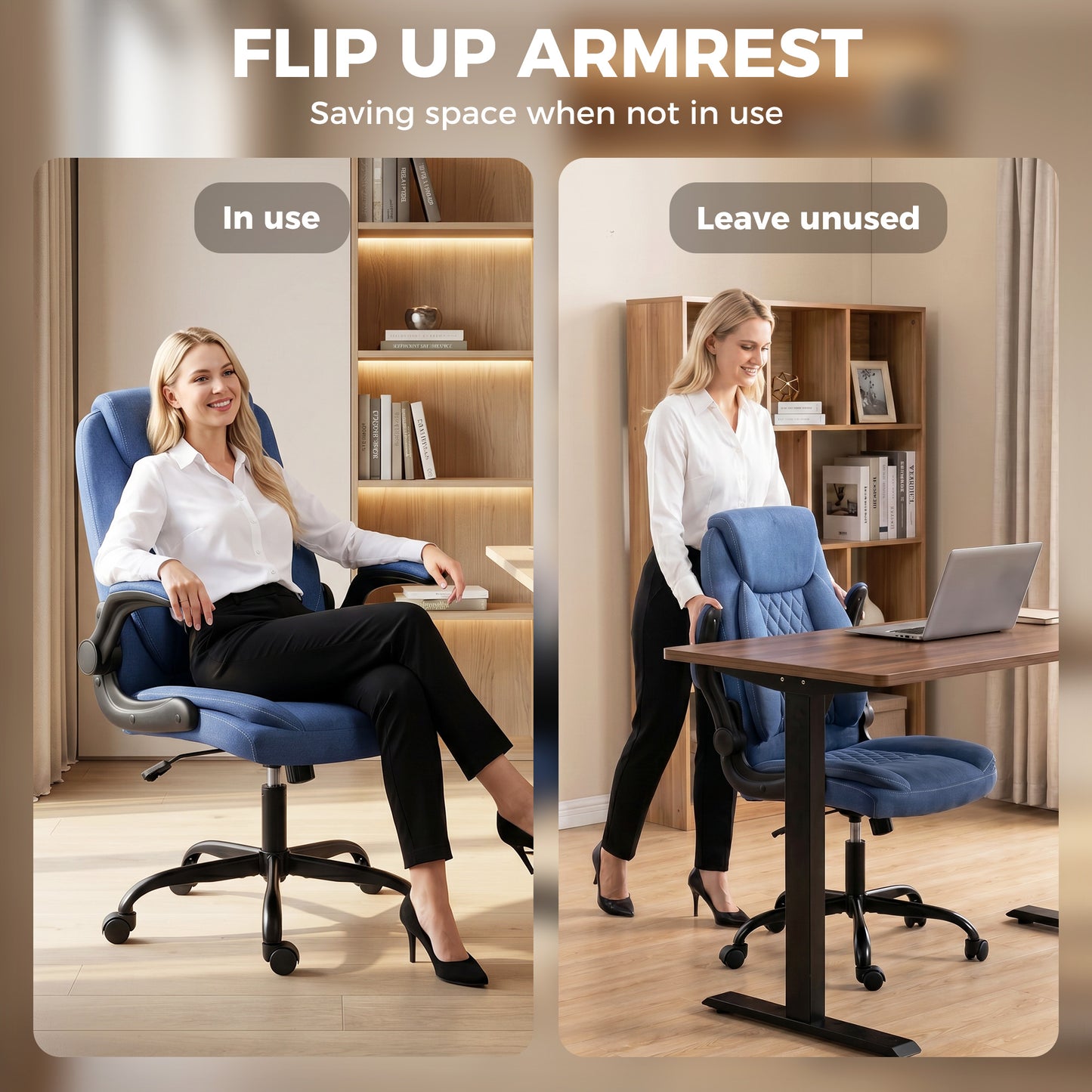 Linen-Look Computer Desk Chair with Thick Cushion, Blue