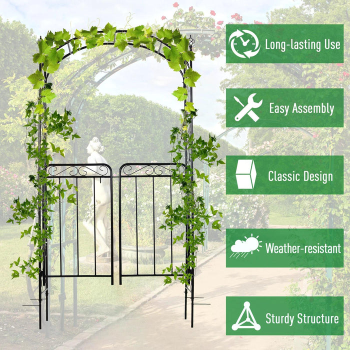 Garden Decorative Metal Arch with Gate Outdoor Patio Trellis Arbor for Climbing Plant Archway Antique Black - 108L x 45W x 215Hcm