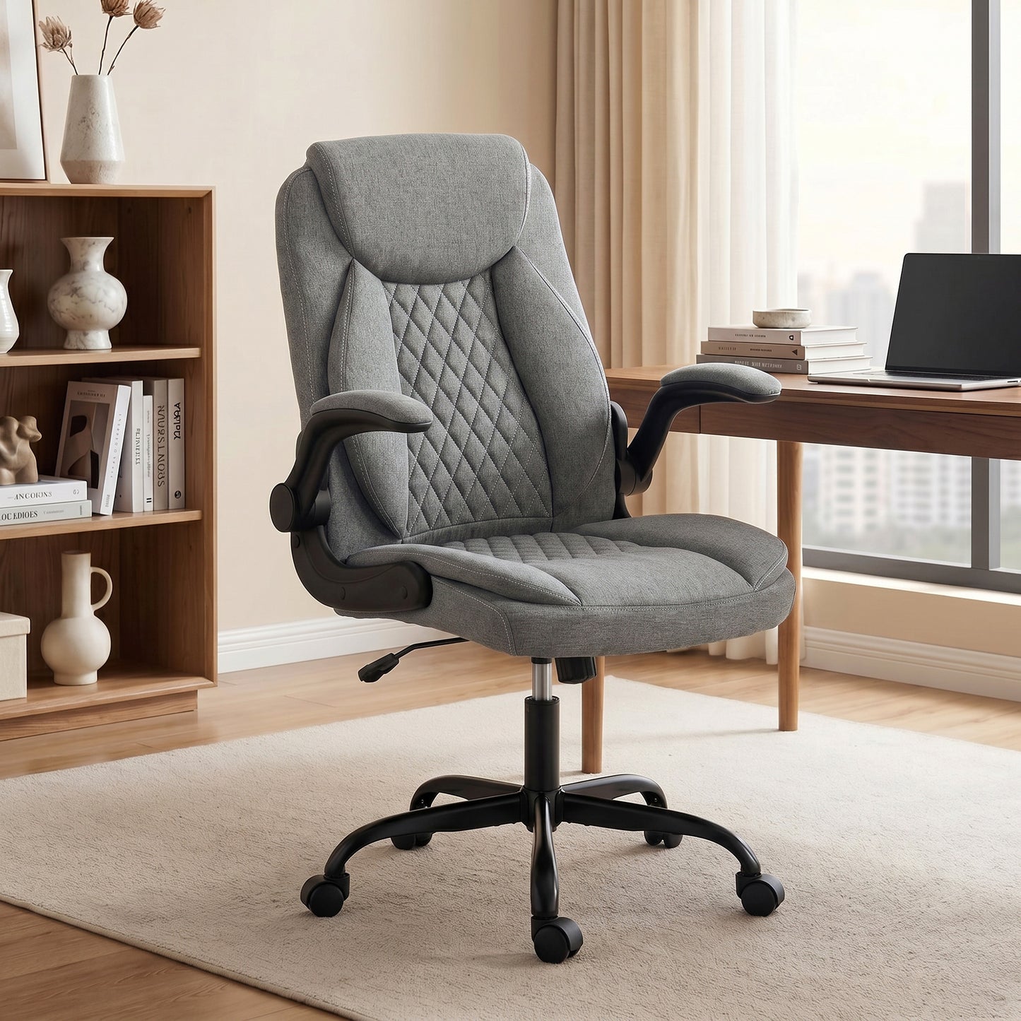 Linen-Look Computer Desk Chair with Thick Cushion, Grey