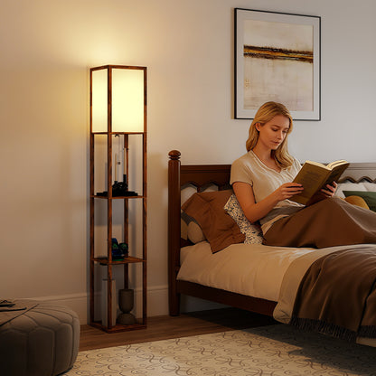 4 Layer Column Standing Lamp with USB Ports, Rustic Brown