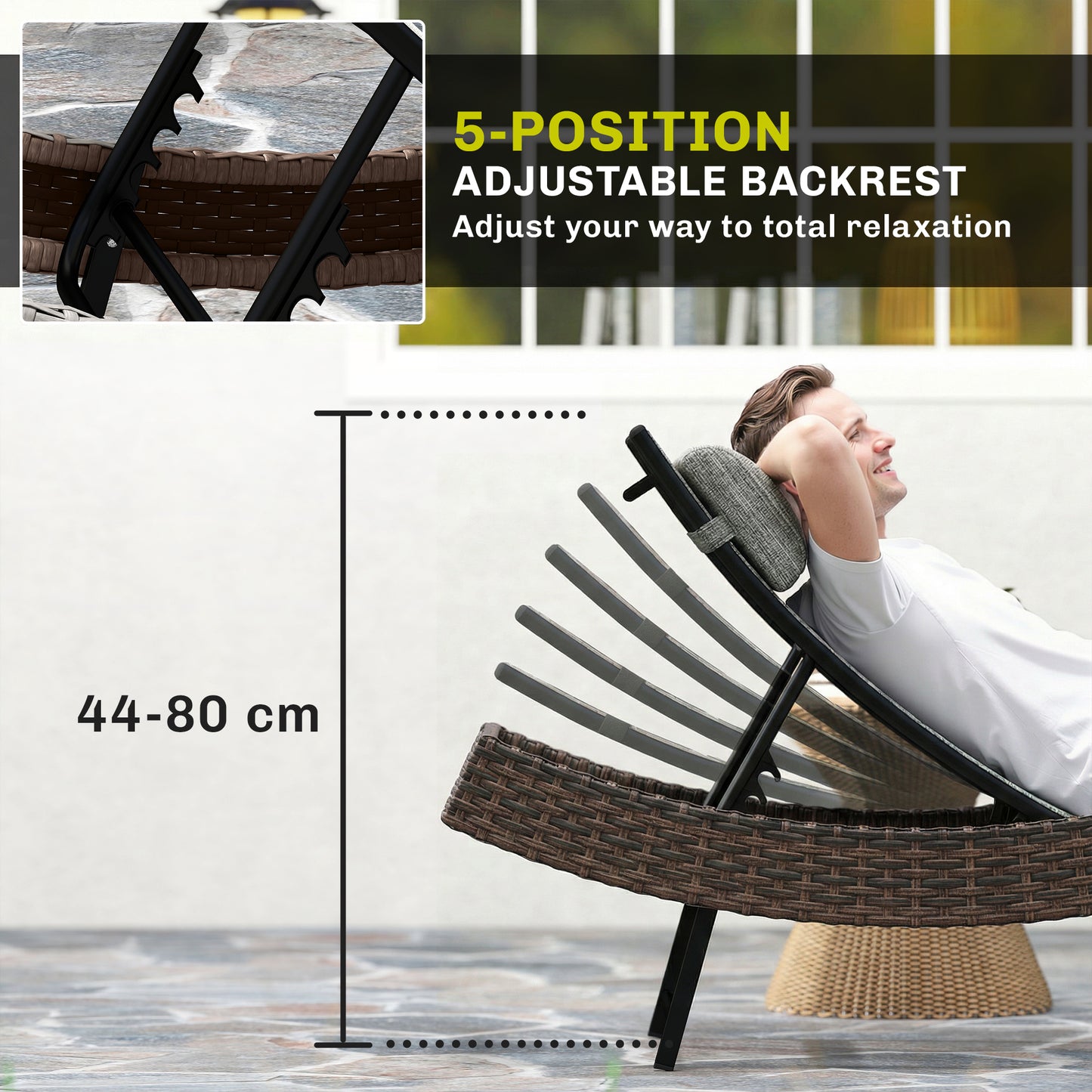 Rattan Sun Lounger with 5 Position Back, Texteline Seat, Brown