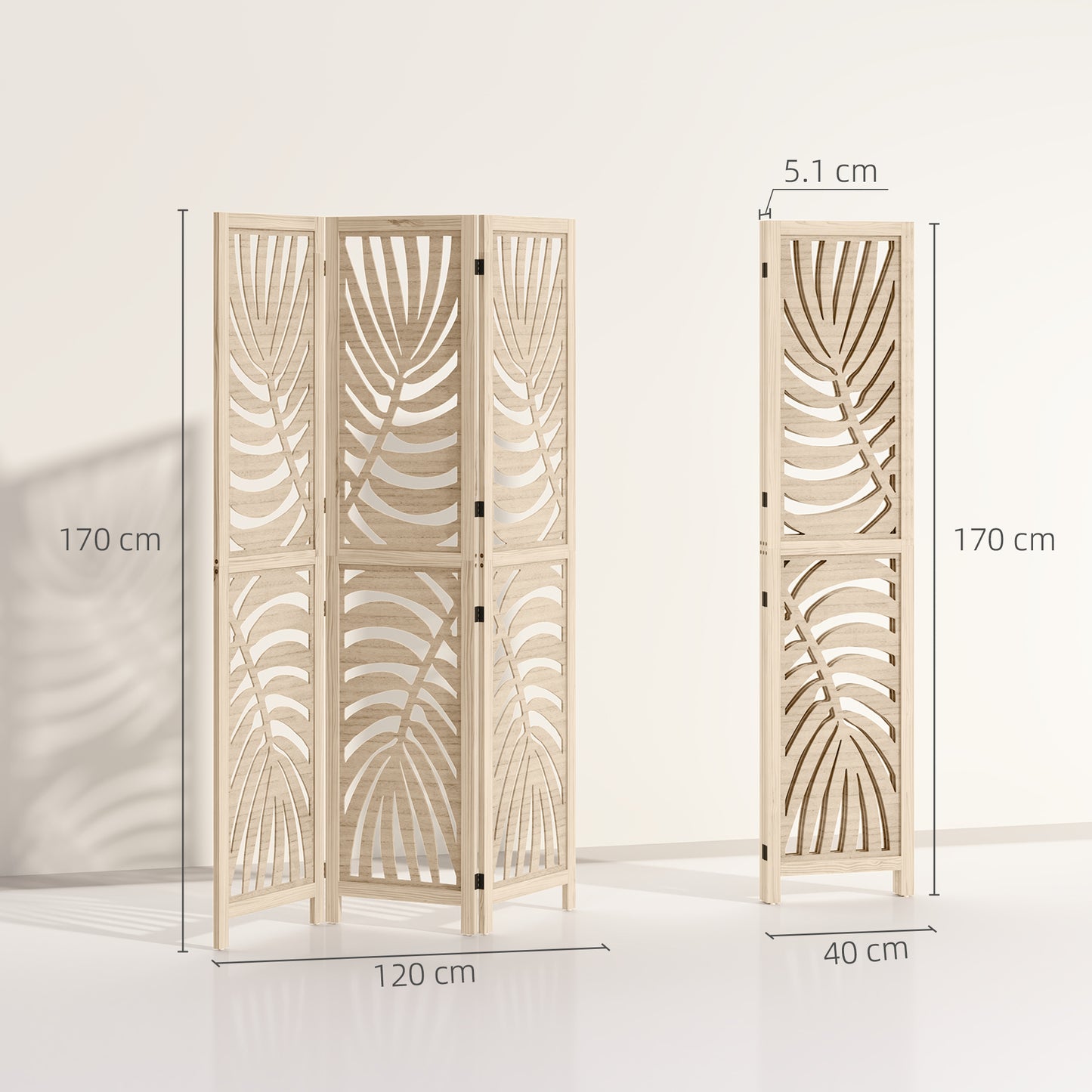 3 Panel Privacy Screens with Palm Leaf Design, Natural Wood Finish