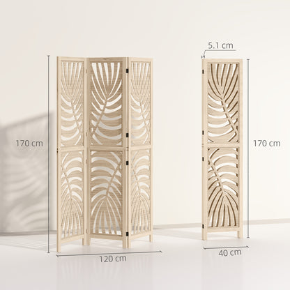 3 Panel Privacy Screens with Palm Leaf Design, Natural Wood Finish