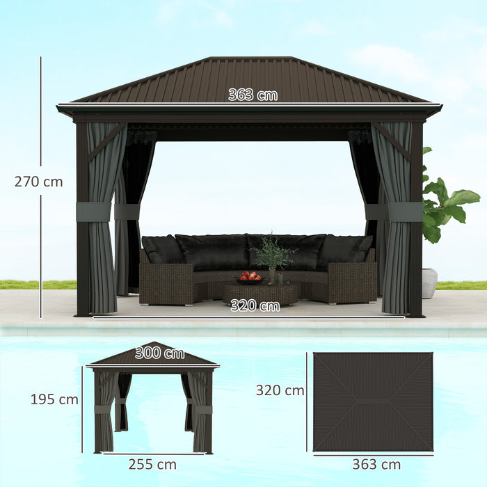 3.6 x 3(m) Metal Garden Hardtop Gazebo with Screened Curtain Dark Grey