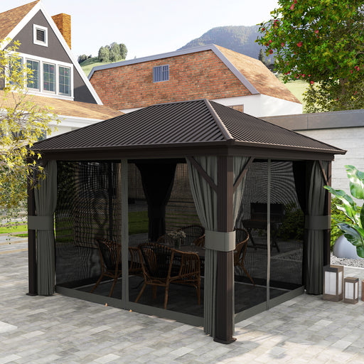 3.6 x 3(m) Metal Garden Hardtop Gazebo with Screened Curtain Dark Grey