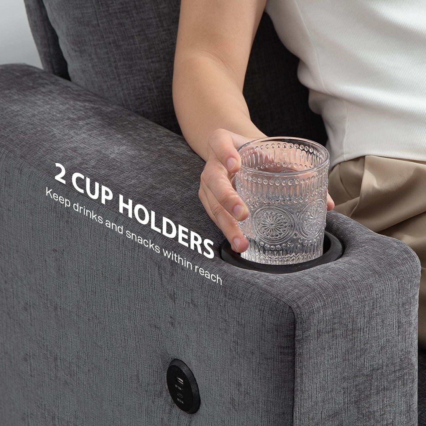 3 Seater Sofa, Fabric Sofa with USB Ports and Cup Holders, Grey