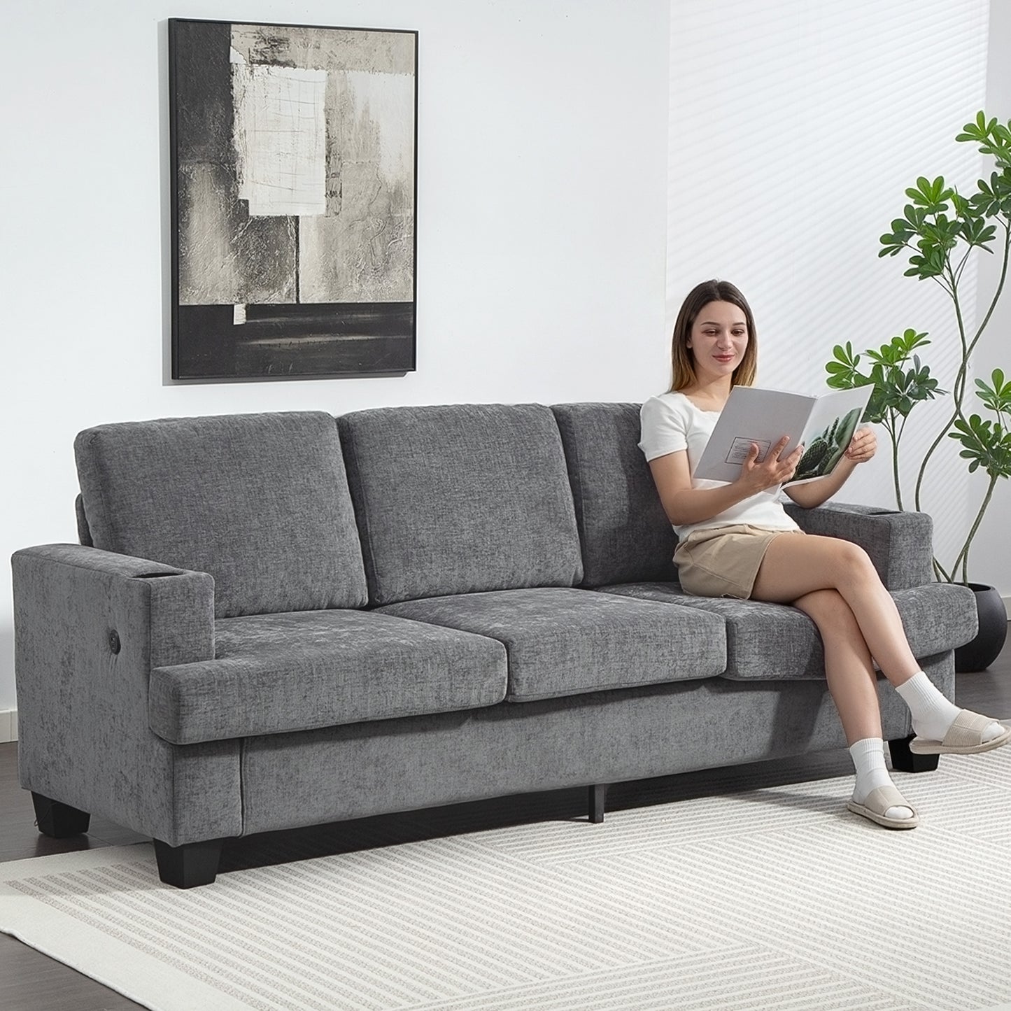 3 Seater Sofa, Fabric Sofa with USB Ports and Cup Holders, Grey