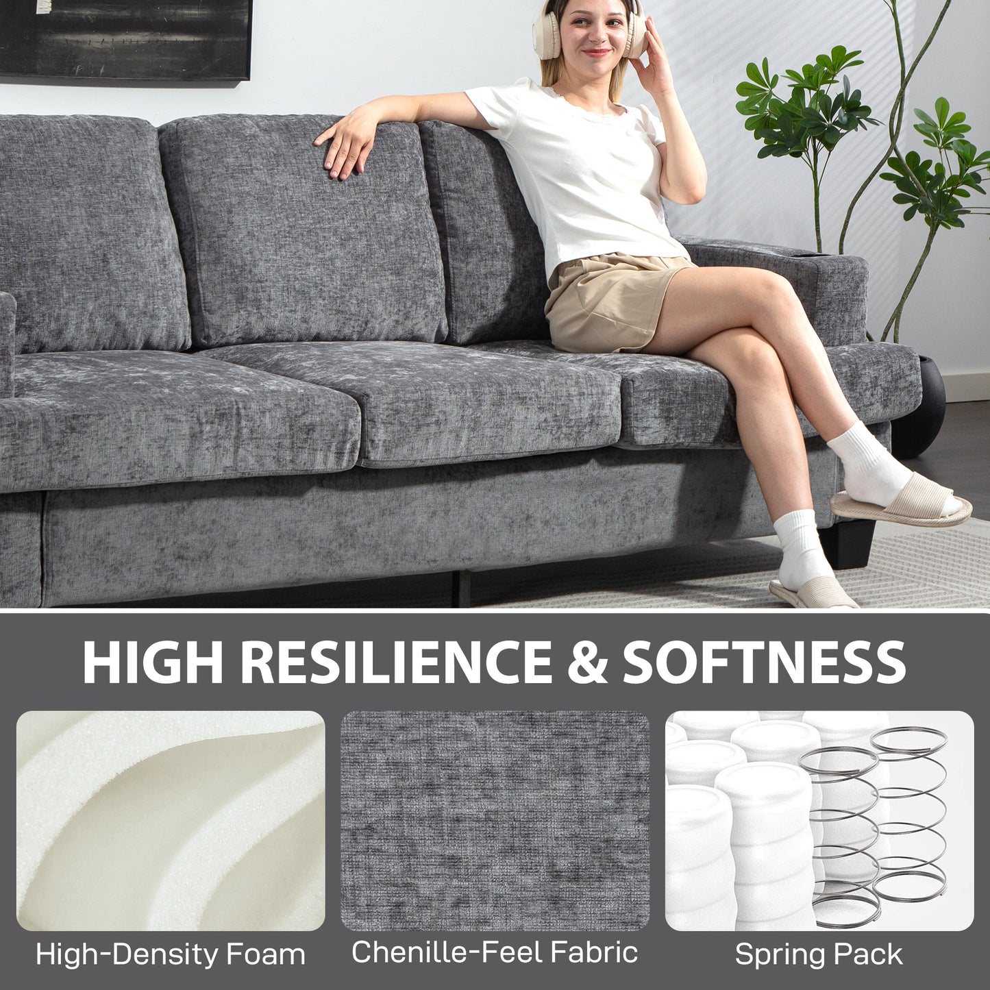 3 Seater Sofa, Fabric Sofa with USB Ports and Cup Holders, Grey