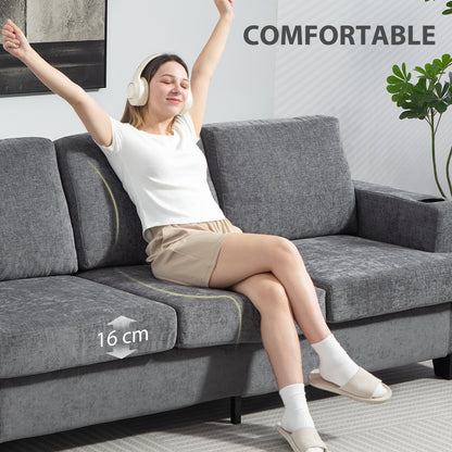 3 Seater Sofa, Fabric Sofa with USB Ports and Cup Holders, Grey