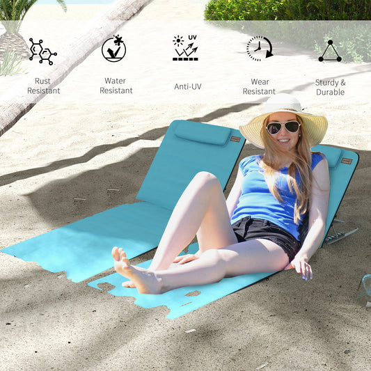 Set of 2 Foldable Garden Beach Chair Mat Lightweight Outdoor Sun Lounger Seats Adjustable Back Metal Frame PE Fabric Head Pillow, Sky Blue