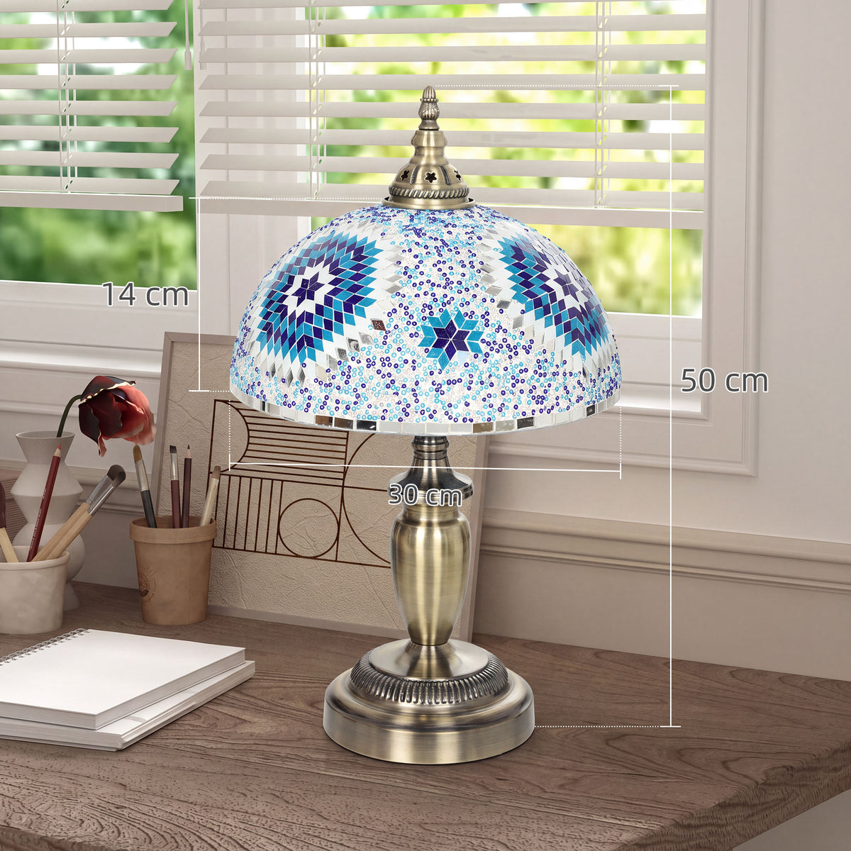 30cm Tiffany Lamp with Button Switch and Metal Base, Blue