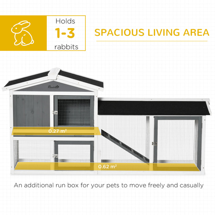 Two-Tier Wooden Rabbit Hutch w/ Run Box, Slide-Out Tray, Ramp - White