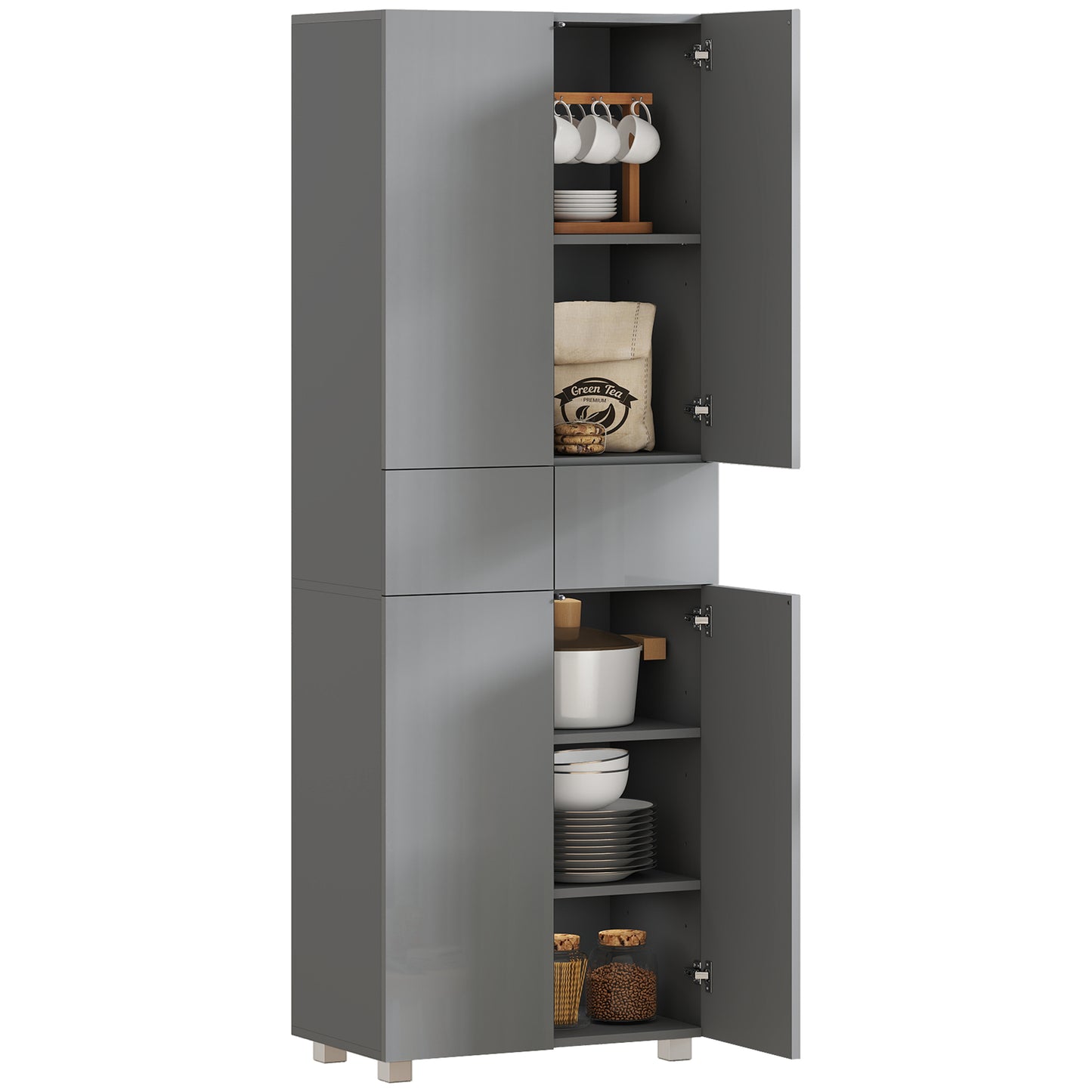 Kitchen Cupboard Storage Cabinet Push Open Doors and Drawers, Grey