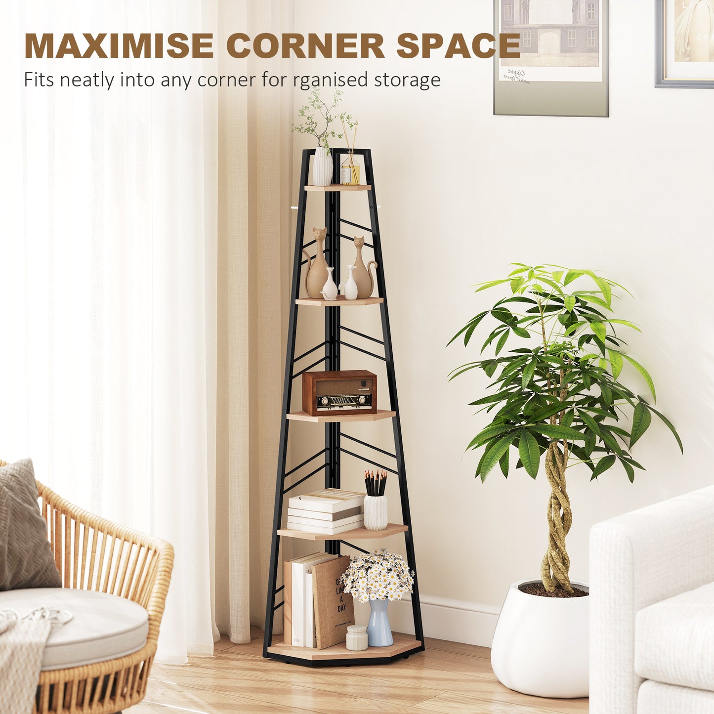 5-Tier Corner Bookcase, Floor Standing Shelving Unit, Natural