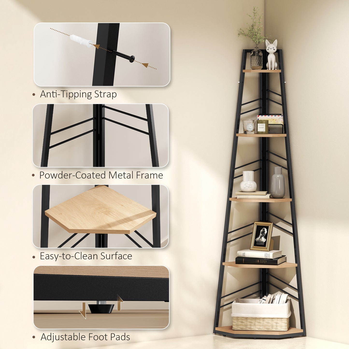5-Tier Corner Bookcase, Floor Standing Shelving Unit, Natural