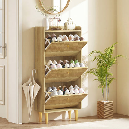 Narrow Shoe Cabinet, Shoe Storage Cabinet with 3 Flip Drawers, Oak