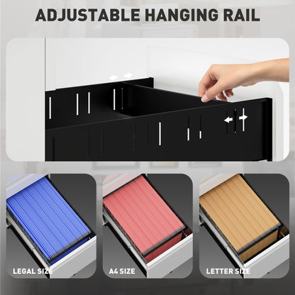 Steel File Cabinet with Lock and Wheels for Home Office, White