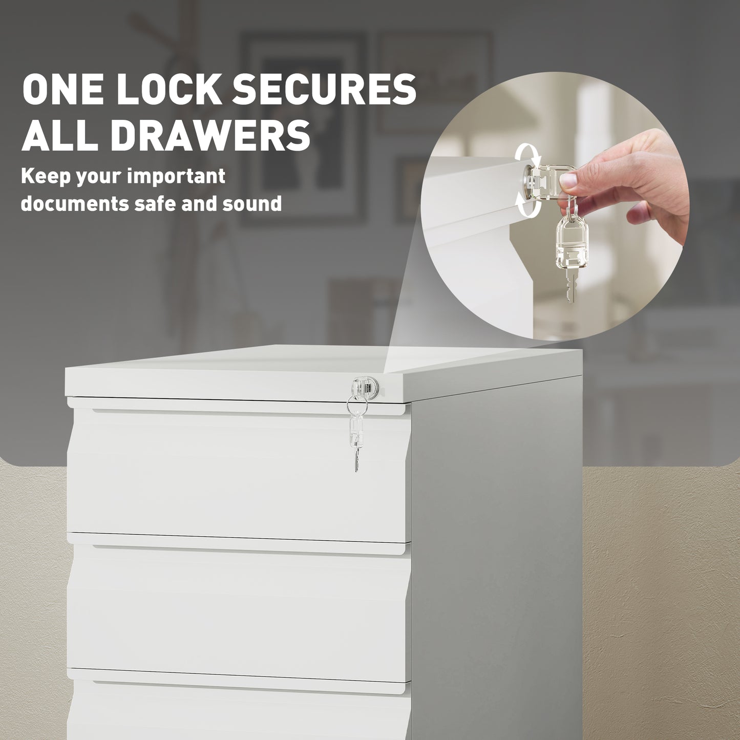 Steel File Cabinet with Lock and Wheels for Home Office, White