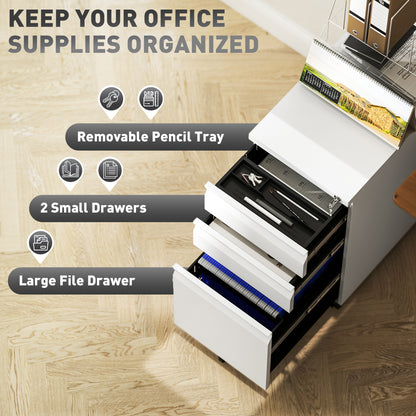 Steel File Cabinet with Lock and Wheels for Home Office, White