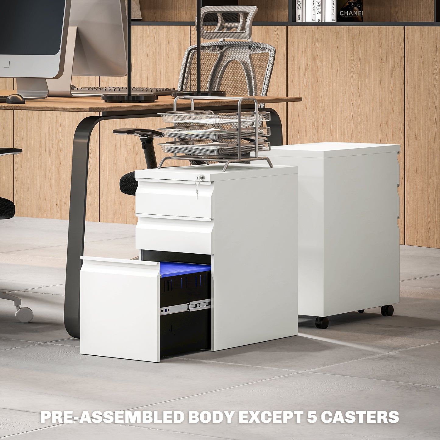 Steel File Cabinet with Lock and Wheels for Home Office, White