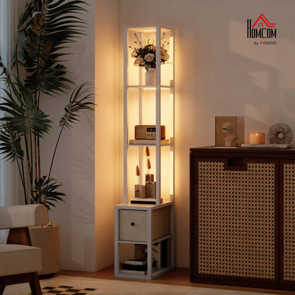 Floor Lamp with Shelves, LED Standing Lamp with Fabric Drawer, White
