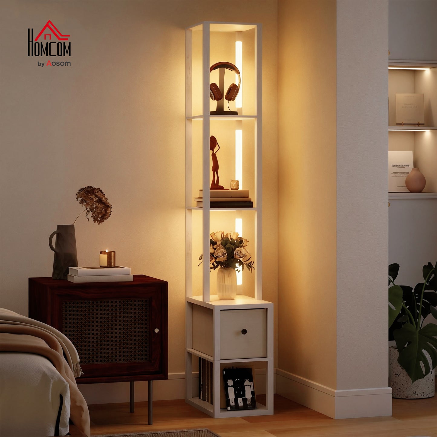 Floor Lamp with Shelves, LED Standing Lamp with Fabric Drawer, White