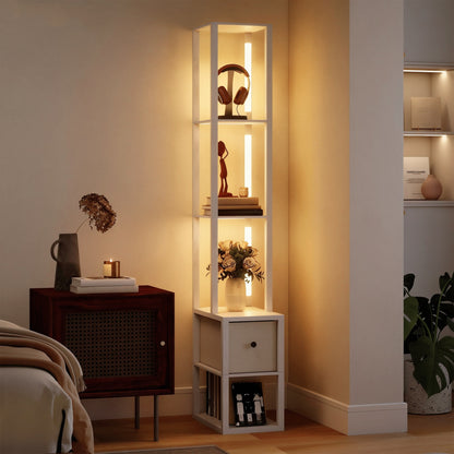 Floor Lamp with Shelves, LED Standing Lamp with Fabric Drawer, White