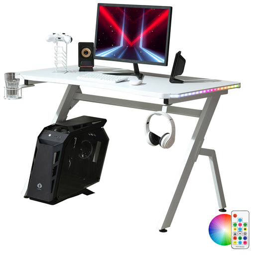 Gaming Desk Racing Style Home Office Ergonomic Computer Table Workstation with RGB LED Lights, Hook, Cup Holder, Controller Rack, White