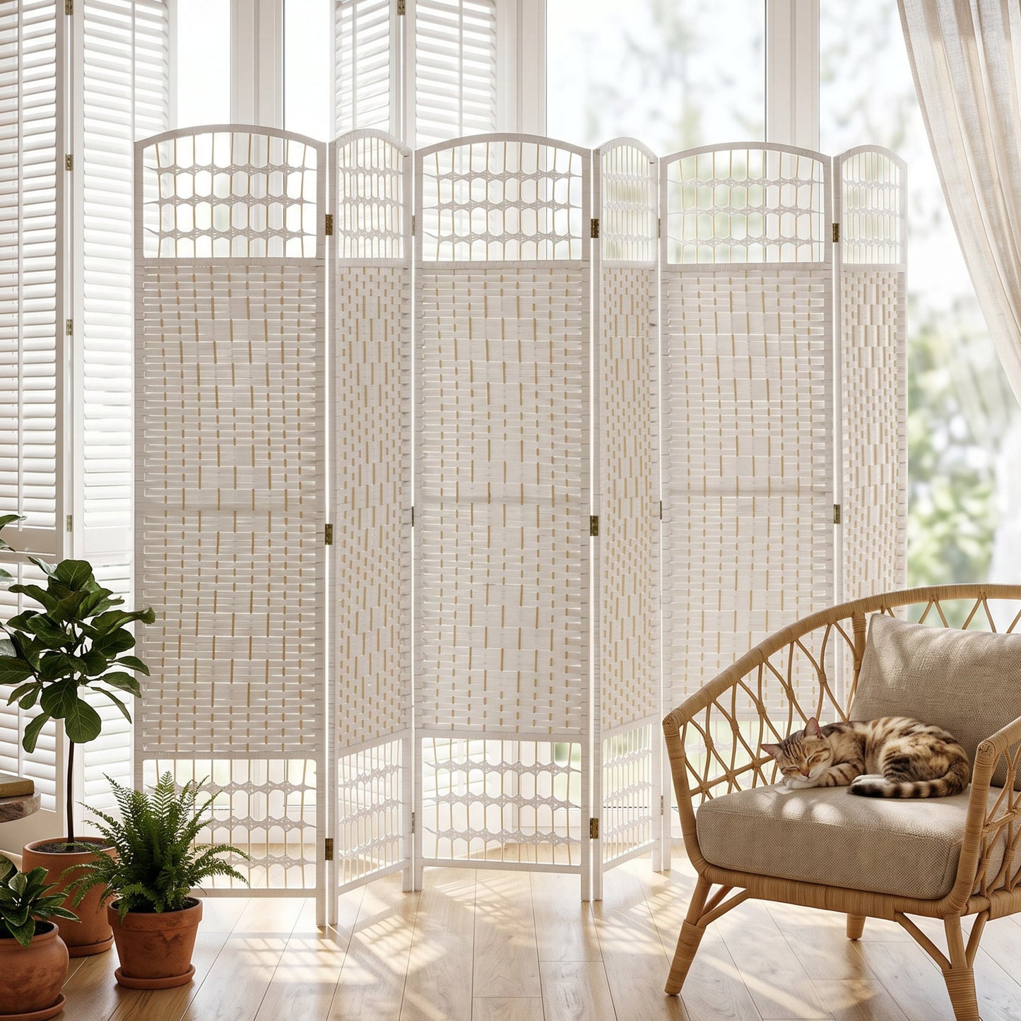 6 Panel Folding Room Divider, Privacy Screen, Freestanding Paravent Partition Separator for Living Room, Bedroom and Office, 240 x 170cm, White