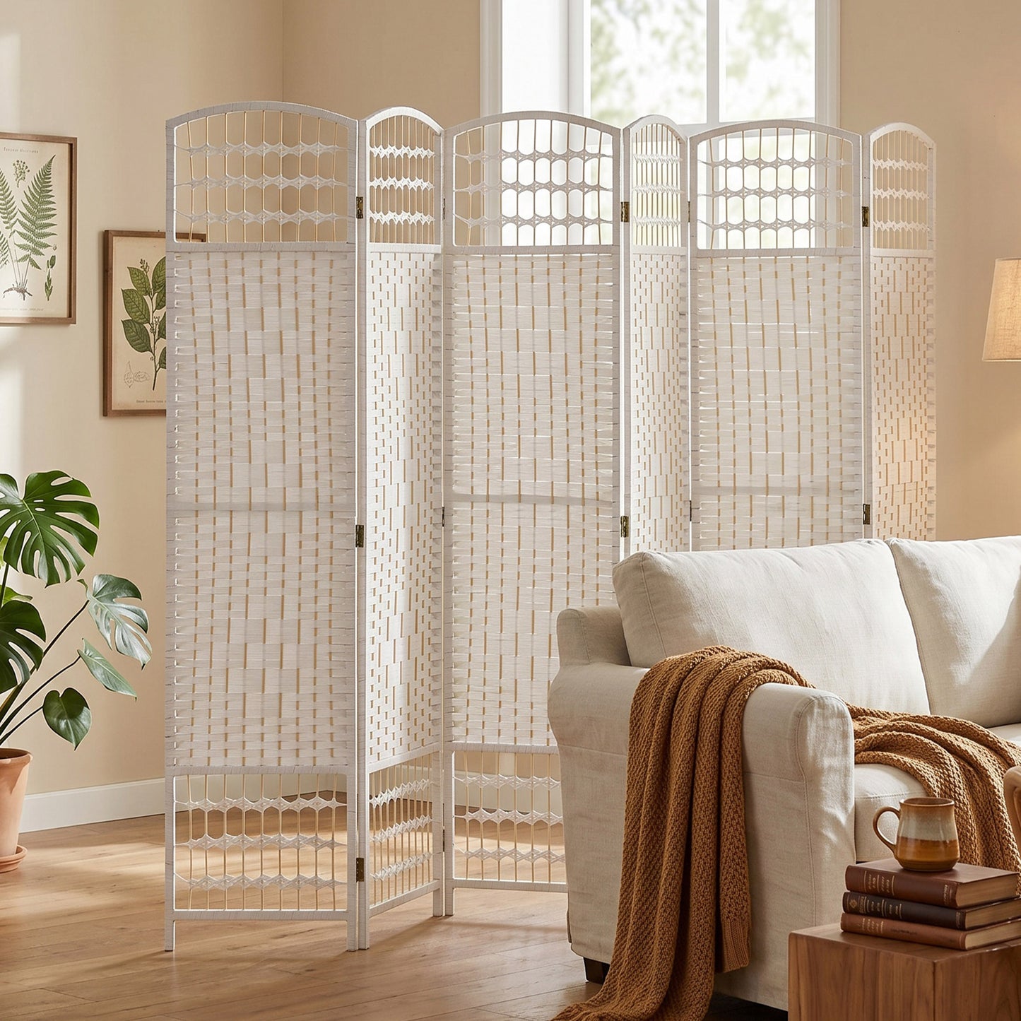 6 Panel Folding Room Divider, Privacy Screen, Freestanding Paravent Partition Separator for Living Room, Bedroom and Office, 240 x 170cm, White