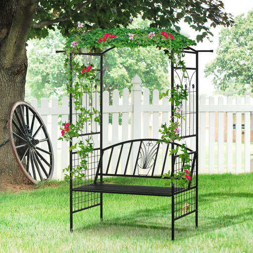 Garden Metal Arch Arbour with Bench Love Seat Chair Outdoor Patio Rose Trellis Pergola Climbing Plant Archway Tubular - 154L x 60W x 205Hcm