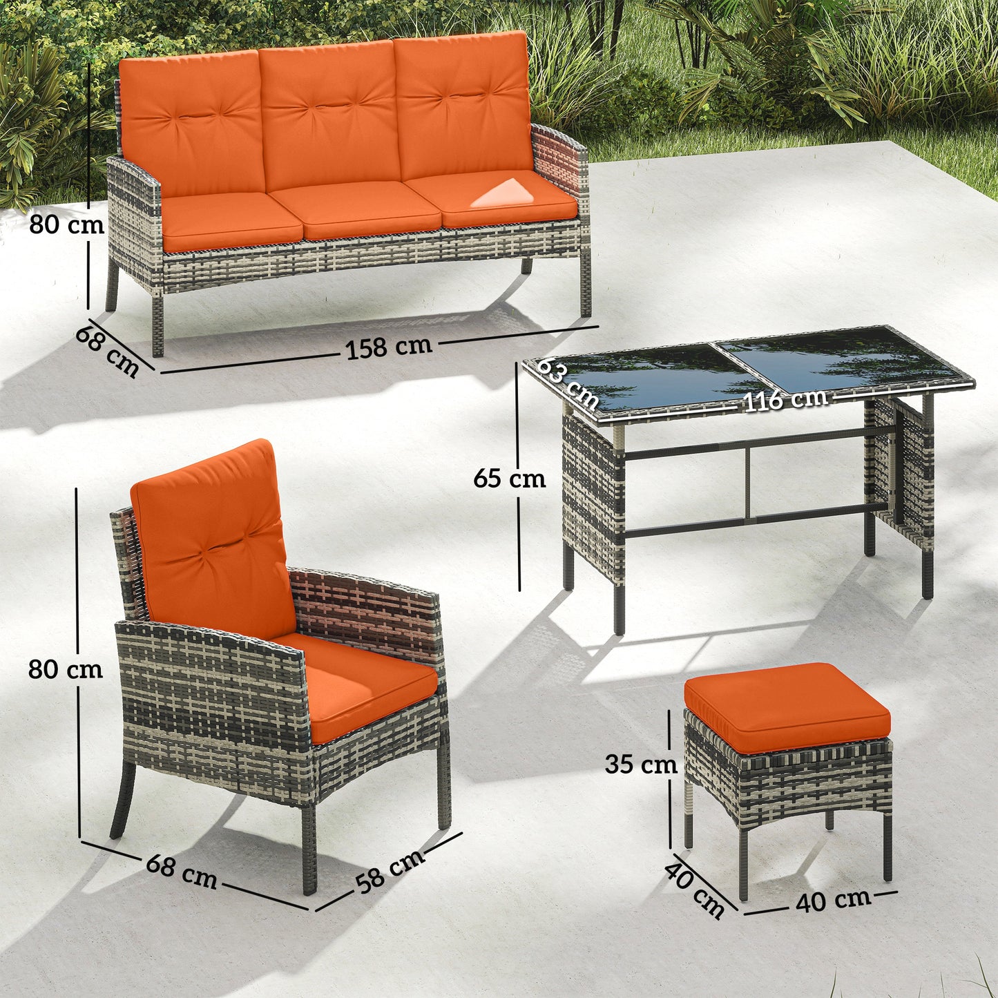 6 Pieces Rattan Garden Furniture Sofa Set with Cushions, Orange