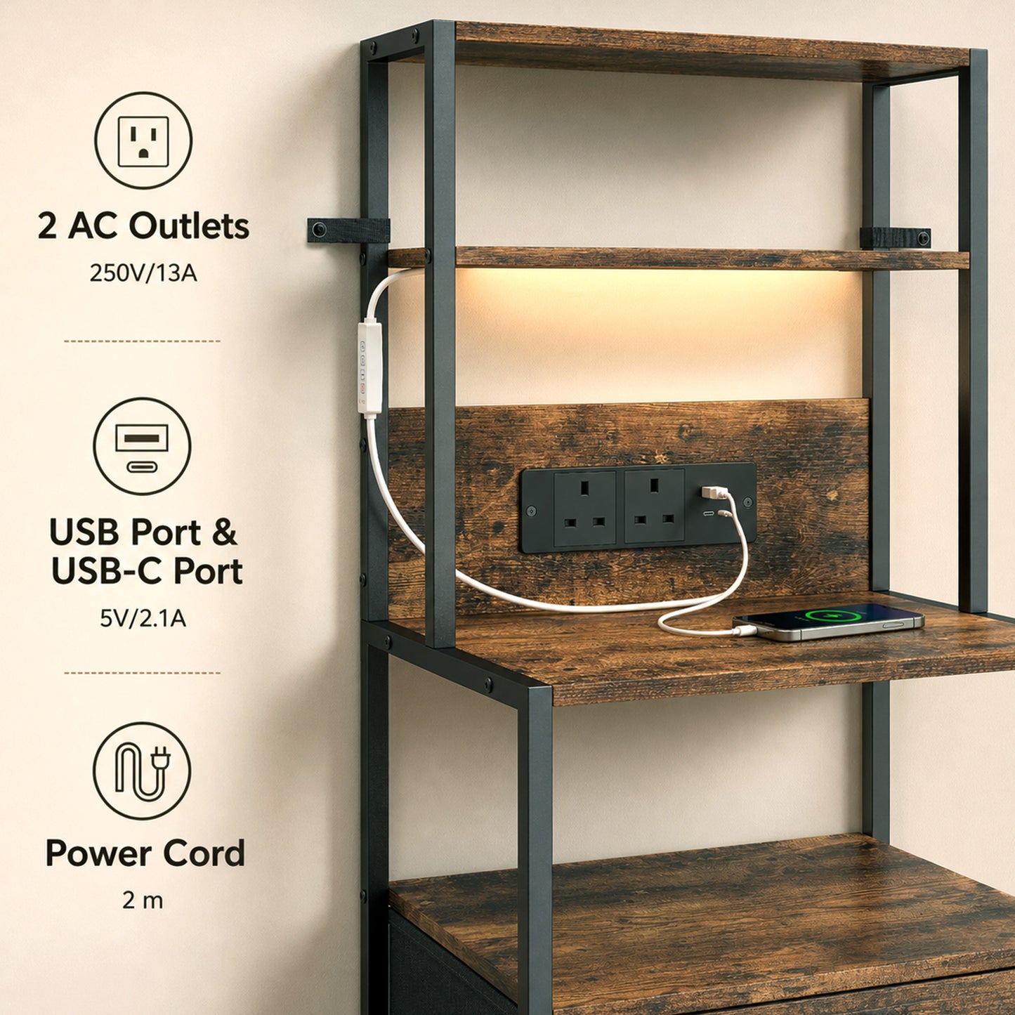 Bedside Table with Charging Station and LED Light Strips, Industrial Nightstand with 2 Drawers, Bedside Cabinet for Living Room Bedroom, Rustic Brown