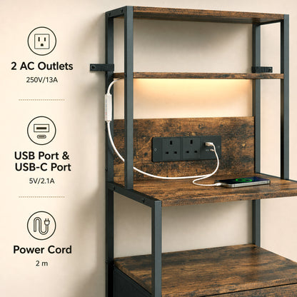 Bedside Table with Charging Station and LED Light Strips, Industrial Nightstand with 2 Drawers, Bedside Cabinet for Living Room Bedroom, Rustic Brown