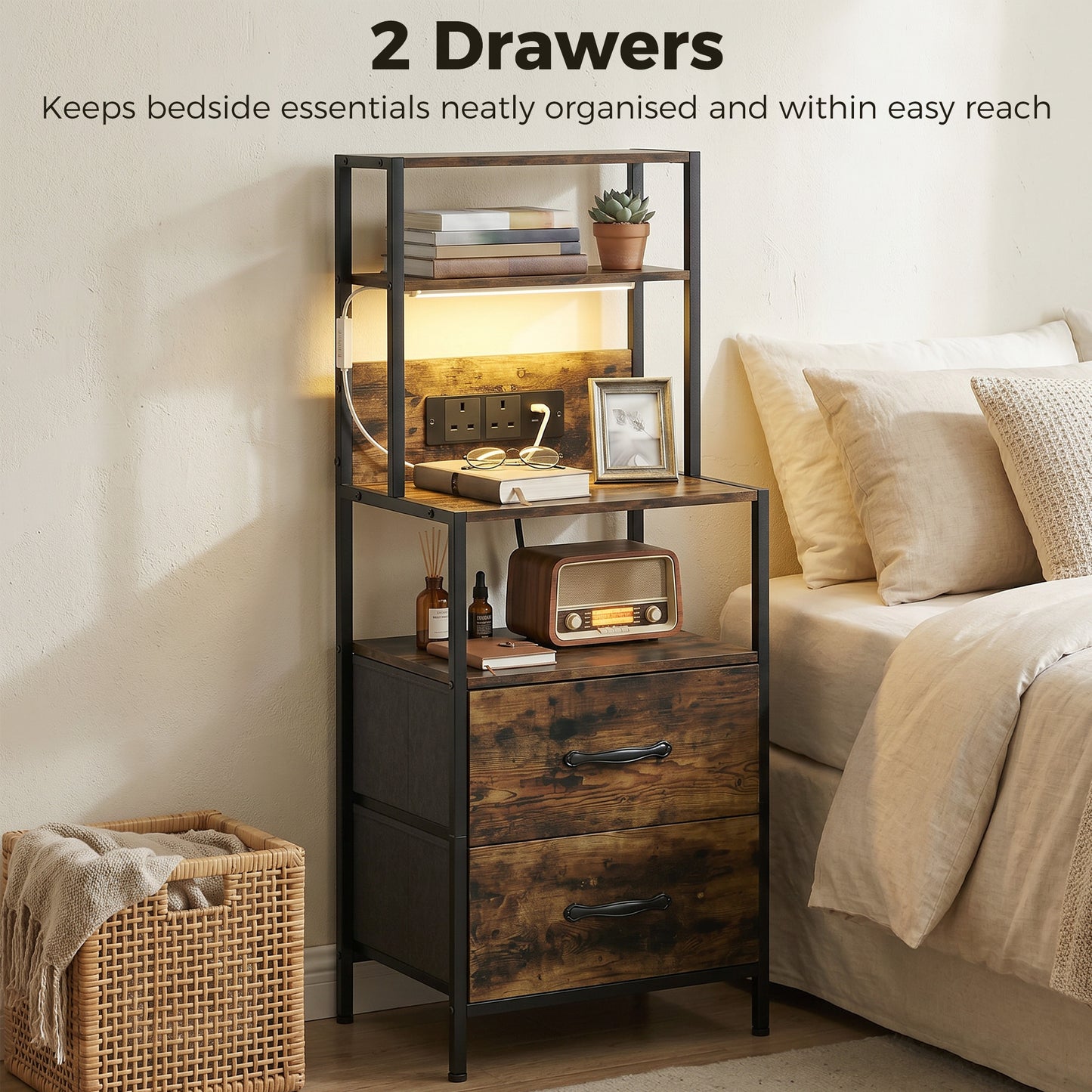 Bedside Table with Charging Station and LED Light Strips, Industrial Nightstand with 2 Drawers, Bedside Cabinet for Living Room Bedroom, Rustic Brown
