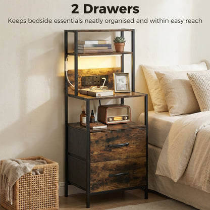 Bedside Table with Charging Station and LED Light Strips, Industrial Nightstand with 2 Drawers, Bedside Cabinet for Living Room Bedroom, Rustic Brown