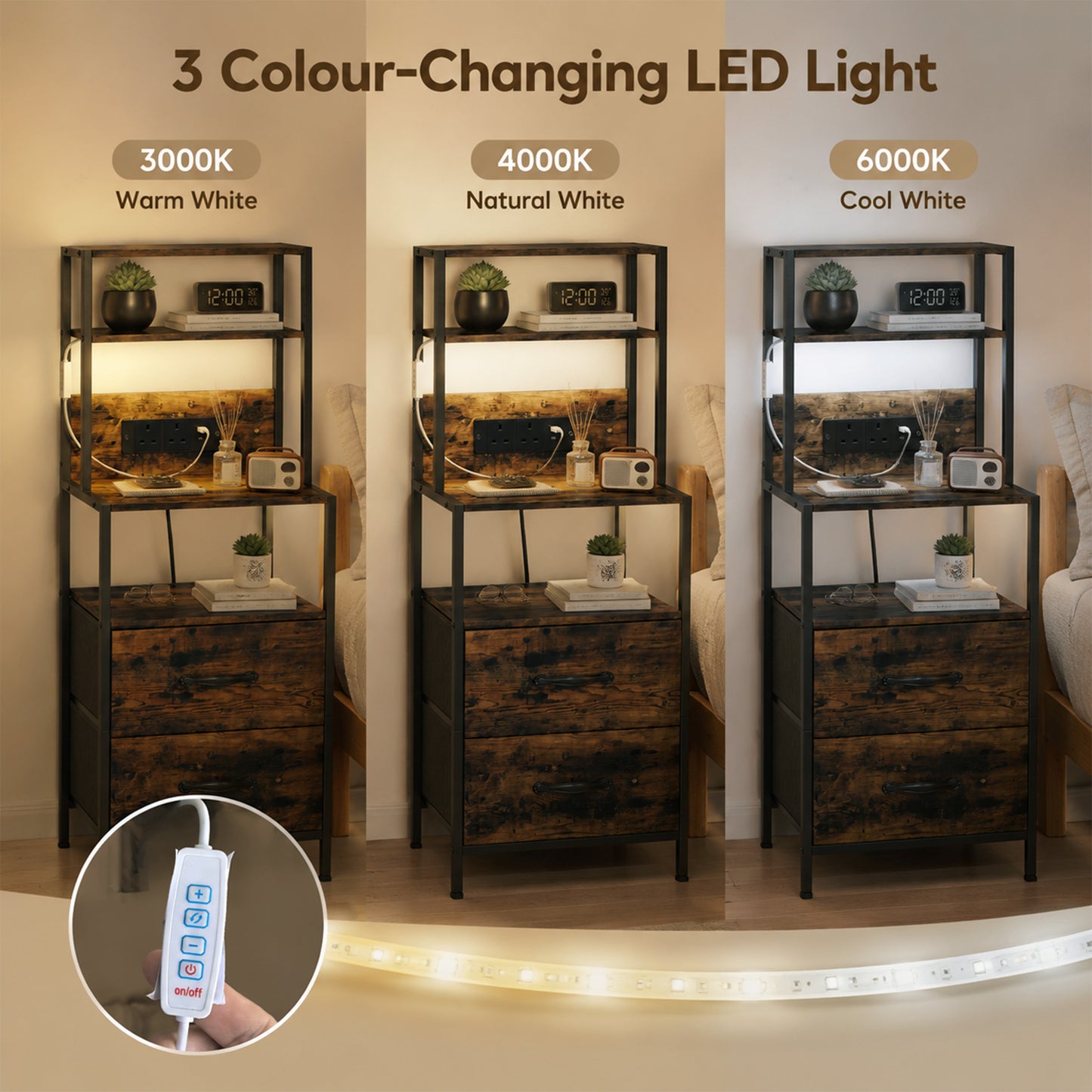 Bedside Table with Charging Station and LED Light Strips, Industrial Nightstand with 2 Drawers, Bedside Cabinet for Living Room Bedroom, Rustic Brown